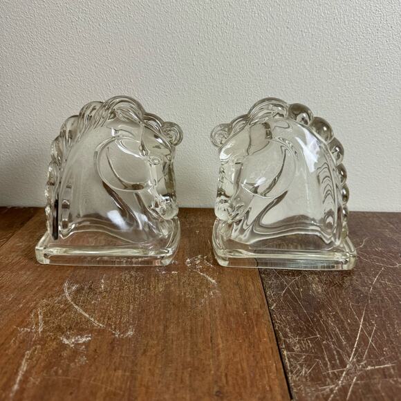 Federal Glass 1940s Clear Glass Horse Head Book End Pair (2 pc) Shelf Decor - Picture 5 of 9